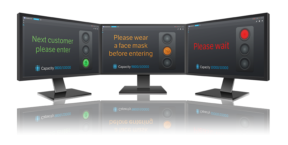 Monitor screens showing three stages of IndigoKiosk