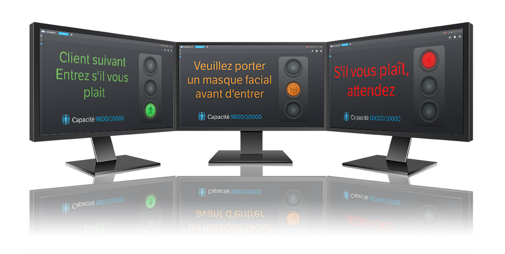 Écrans de contrôle montrant trois étapes d'IndigoKiosk